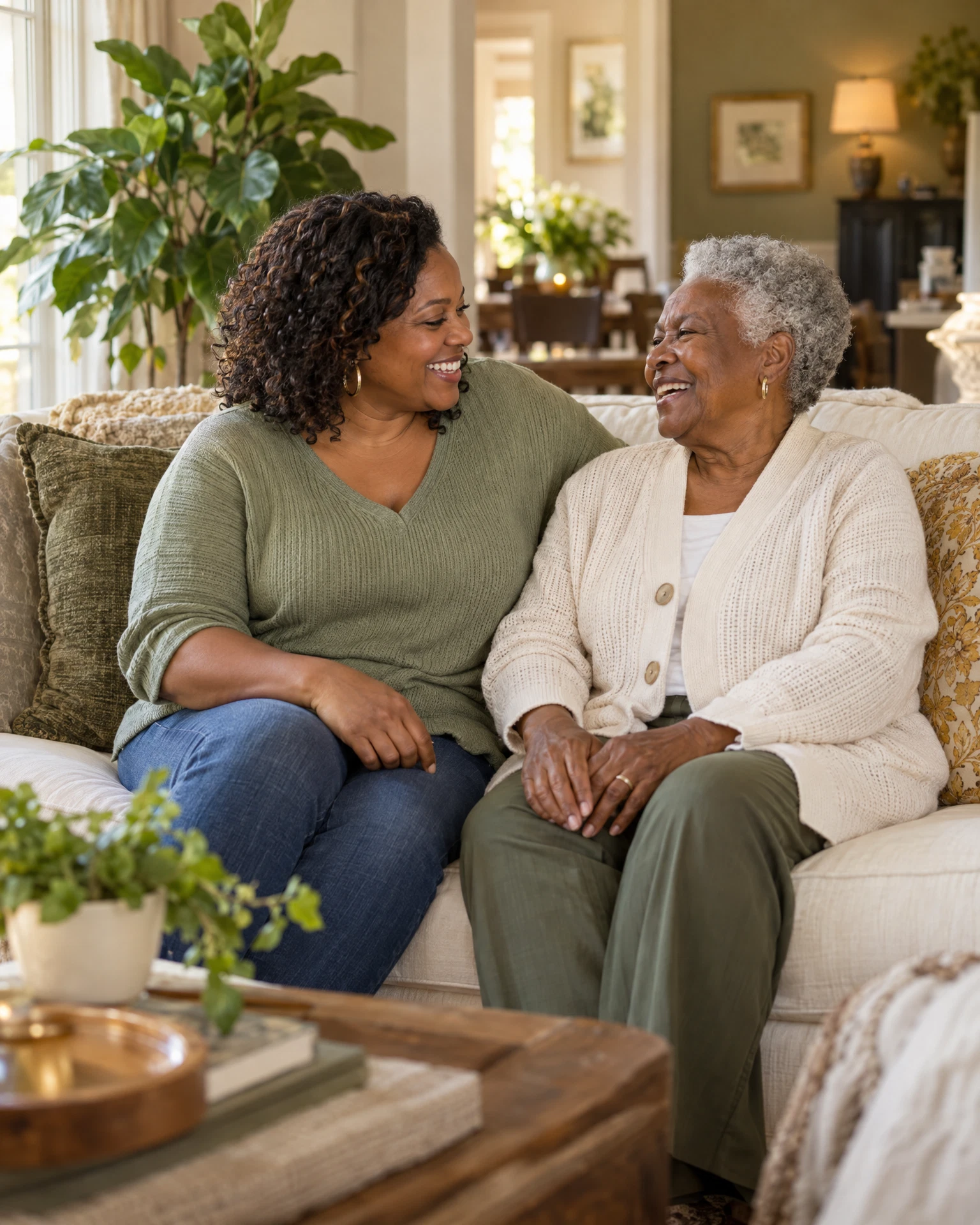 A caregiver and an older woman enjoying a warm conversation at home