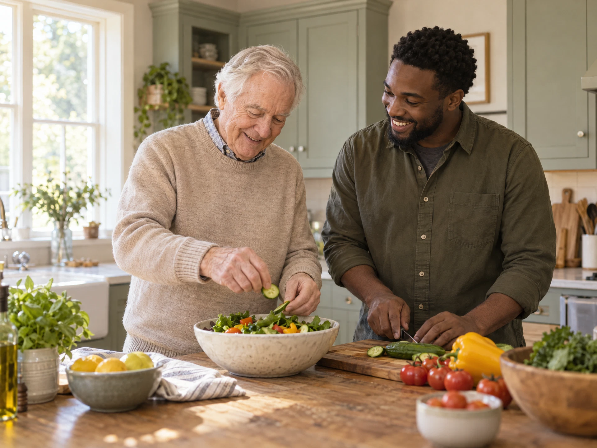 An older man and support worker preparing a fresh meal together at home